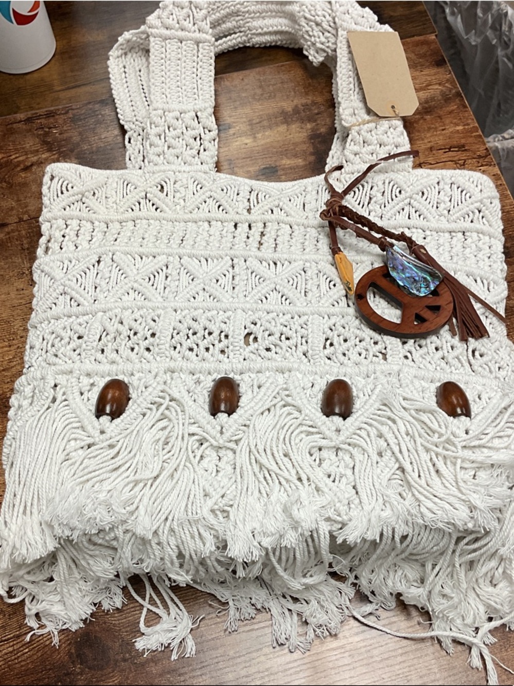 Lucky Brand Cream Crochet Fringe Tote with Wooden Bead Accents